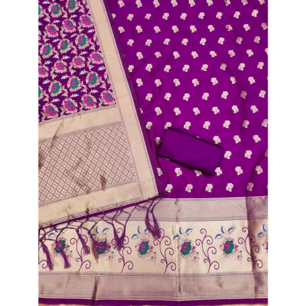 Women's Banarasi Silk Printed Unstitched Salwar Suit Material With Dupatta (Purple, 3Mtrs) - Image 2