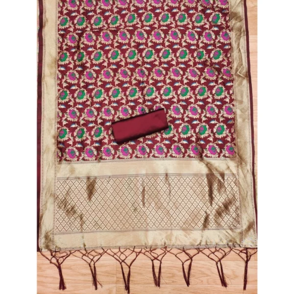 Women's Banarasi Silk Printed Unstitched Salwar Suit Material With Dupatta (Maroon, 3Mtrs) - Image 2