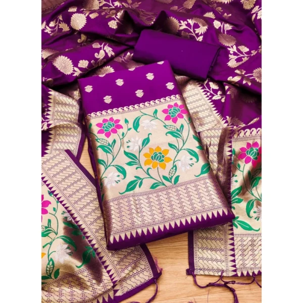 Women's Banarasi Silk Printed Unstitched Salwar Suit Material With Dupatta (Purple, 3Mtrs) - Image 2