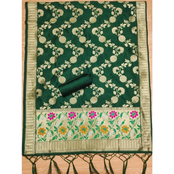 Generic Women's Banarasi Silk Printed Unstitched Salwar Suit Material With Dupatta (Green, 3Mtrs) - Image 4
