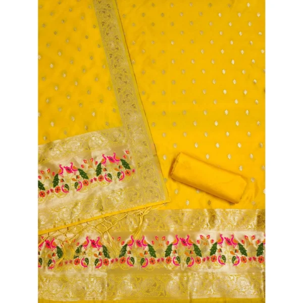 Women's Banarasi Silk Printed Unstitched Salwar Suit Material With Dupatta (Yellow, 3Mtrs) - Image 2