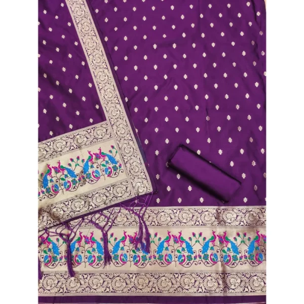 Women's Banarasi Silk Printed Unstitched Salwar Suit Material With Dupatta (Purple, 3Mtrs) - Image 3