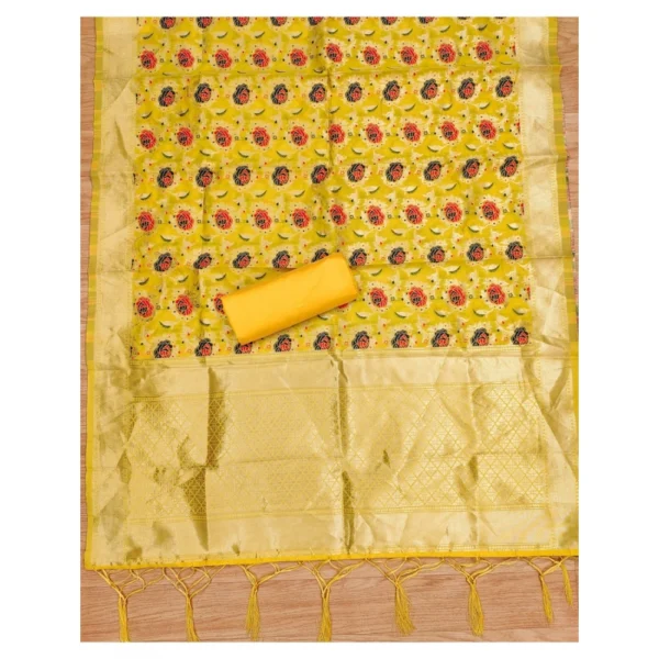 Women's Banarasi Silk Printed Unstitched Salwar Suit Material With Dupatta (Yellow, 3Mtrs) - Image 4