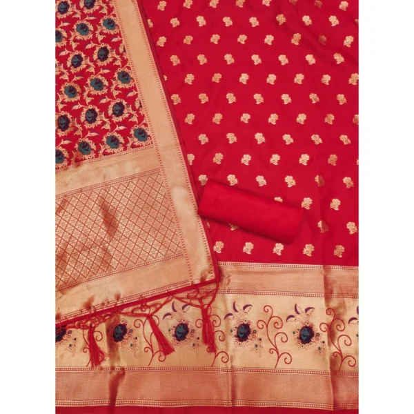 Women's Banarasi Silk Printed Unstitched Salwar Suit Material With Dupatta (Red, 3Mtrs) - Image 2