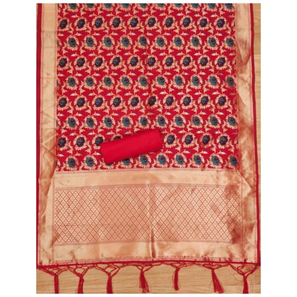Women's Banarasi Silk Printed Unstitched Salwar Suit Material With Dupatta (Red, 3Mtrs) - Image 3