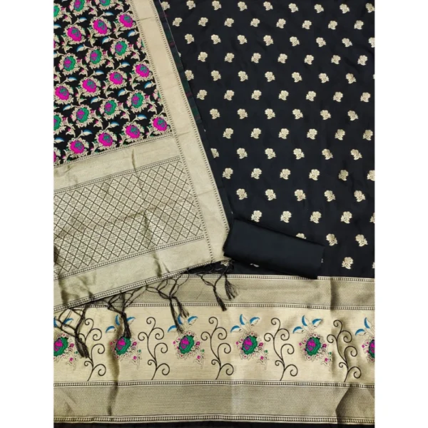 Women's Banarasi Silk Printed Unstitched Salwar Suit Material With Dupatta (Black, 3Mtrs) - Image 2
