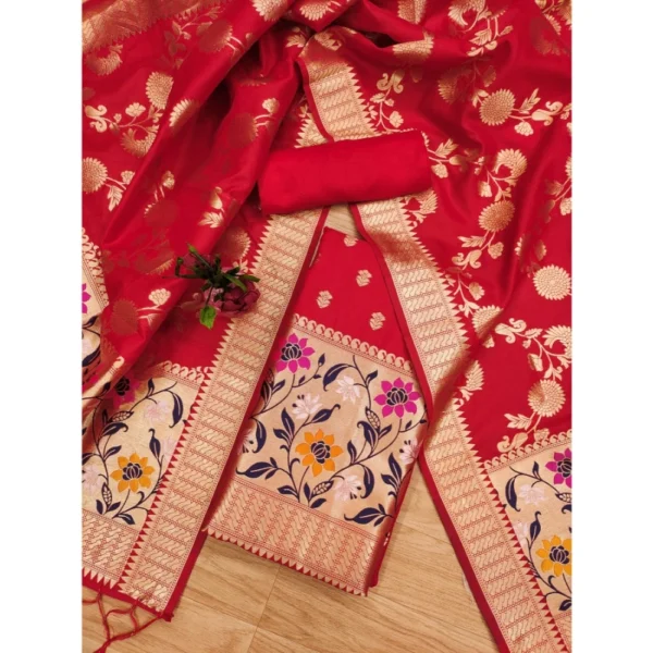 Women's Banarasi Silk Printed Unstitched Salwar Suit Material With Dupatta (Red, 3Mtrs) - Image 3