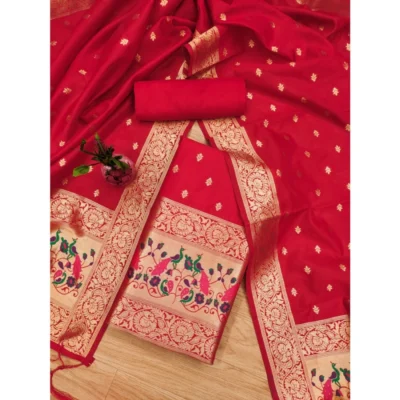 Women's Banarasi Silk Printed Unstitched Salwar Suit Material With Dupatta (Red, 3Mtrs)