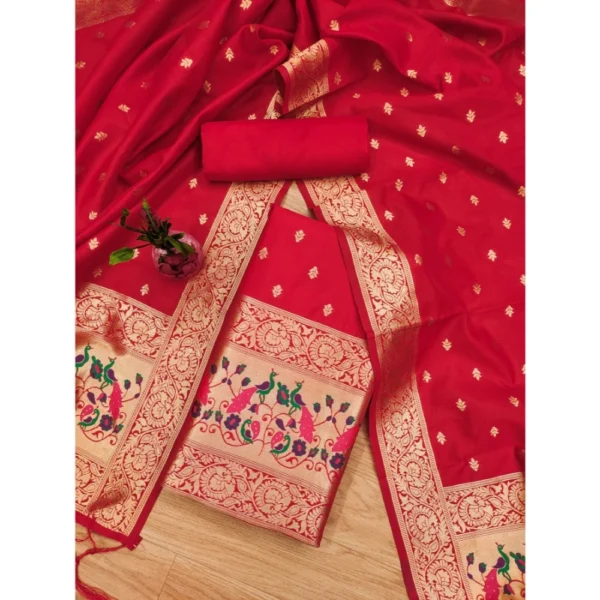 Women's Banarasi Silk Printed Unstitched Salwar Suit Material With Dupatta (Red, 3Mtrs)