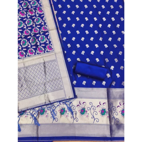 Women's Banarasi Silk Printed Unstitched Salwar Suit Material With Dupatta (Rblue, 3Mtrs) - Image 3