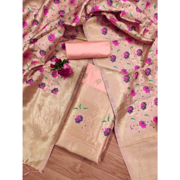 Women's Banarasi Silk Printed Unstitched Salwar Suit Material With Dupatta (Peach, 3Mtrs) - Image 2