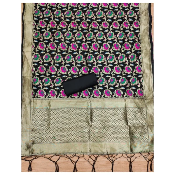 Women's Banarasi Silk Printed Unstitched Salwar Suit Material With Dupatta (Black, 3Mtrs) - Image 3