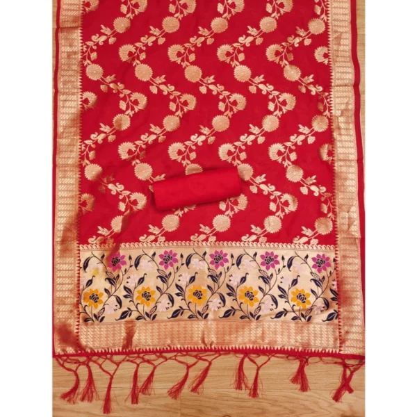 Women's Banarasi Silk Printed Unstitched Salwar Suit Material With Dupatta (Red, 3Mtrs) - Image 4