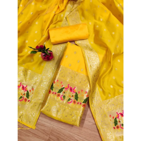 Women's Banarasi Silk Printed Unstitched Salwar Suit Material With Dupatta (Yellow, 3Mtrs) - Image 4