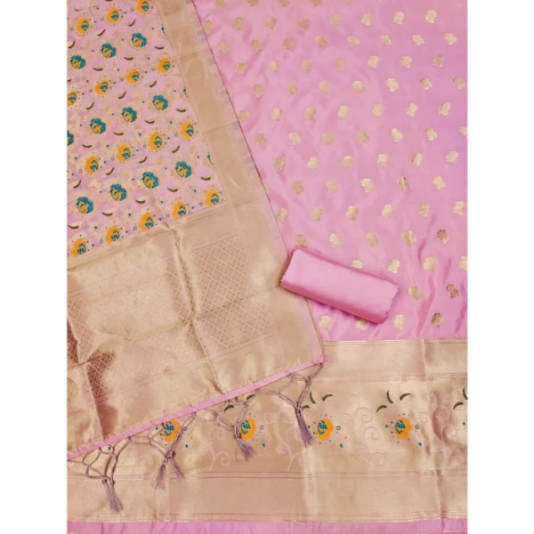Women's Banarasi Silk Printed Unstitched Salwar Suit Material With Dupatta (Pink, 3Mtrs) - Image 2