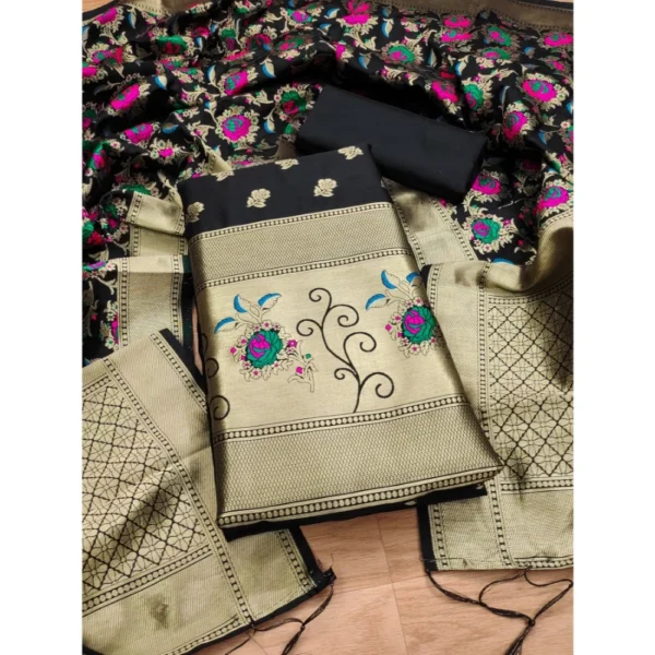 Women's Banarasi Silk Printed Unstitched Salwar Suit Material With Dupatta (Black, 3Mtrs) - Image 4