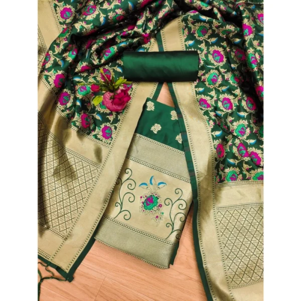 Women's Banarasi Silk Printed Unstitched Salwar Suit Material With Dupatta (Green, 3Mtrs) - Image 4