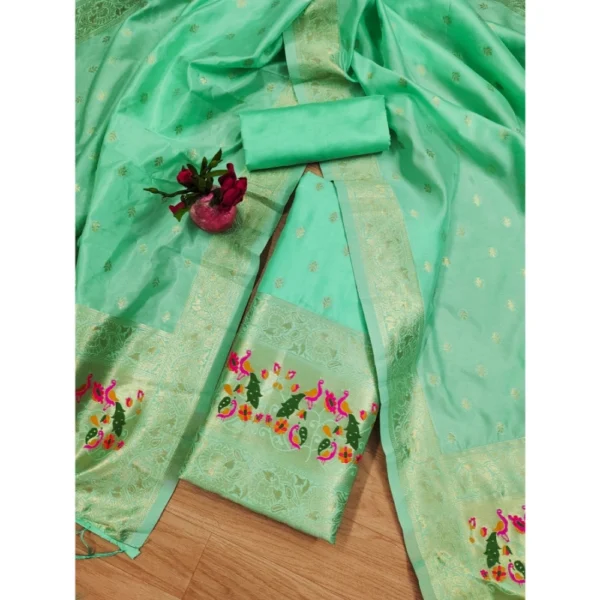 Women's Banarasi Silk Printed Unstitched Salwar Suit Material With Dupatta (Seagreen, 3Mtrs) - Image 4