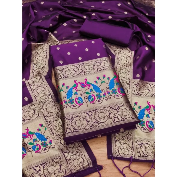 Women's Banarasi Silk Printed Unstitched Salwar Suit Material With Dupatta (Purple, 3Mtrs) - Image 4