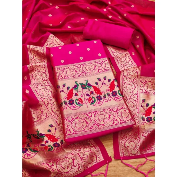 Women's Banarasi Silk Printed Unstitched Salwar Suit Material With Dupatta (Pink, 3Mtrs) - Image 4