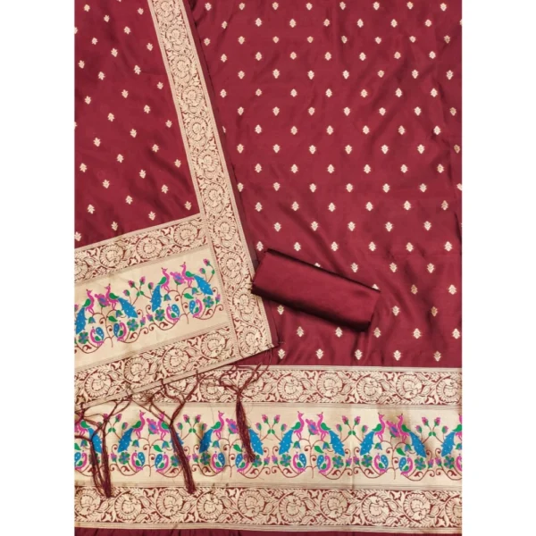 Women's Banarasi Silk Printed Unstitched Salwar Suit Material With Dupatta (Maroon, 3Mtrs) - Image 2