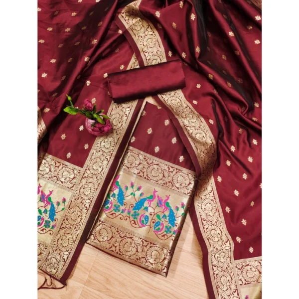 Women's Banarasi Silk Printed Unstitched Salwar Suit Material With Dupatta (Maroon, 3Mtrs) - Image 4
