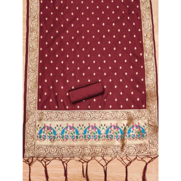 Women's Banarasi Silk Printed Unstitched Salwar Suit Material With Dupatta (Maroon, 3Mtrs) - Image 3