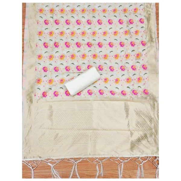 Women's Banarasi Silk Printed Unstitched Salwar Suit Material With Dupatta (White, 3Mtrs) - Image 3