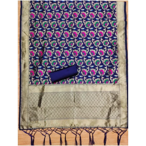 Women's Banarasi Silk Printed Unstitched Salwar Suit Material With Dupatta (Navy Blue, 3Mtrs) - Image 3