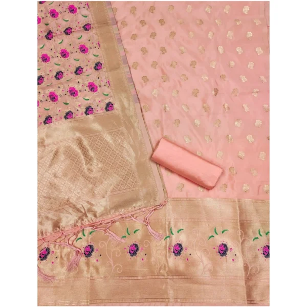 Women's Banarasi Silk Printed Unstitched Salwar Suit Material With Dupatta (Peach, 3Mtrs) - Image 4