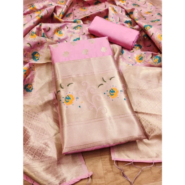 Women's Banarasi Silk Printed Unstitched Salwar Suit Material With Dupatta (Pink, 3Mtrs) - Image 3