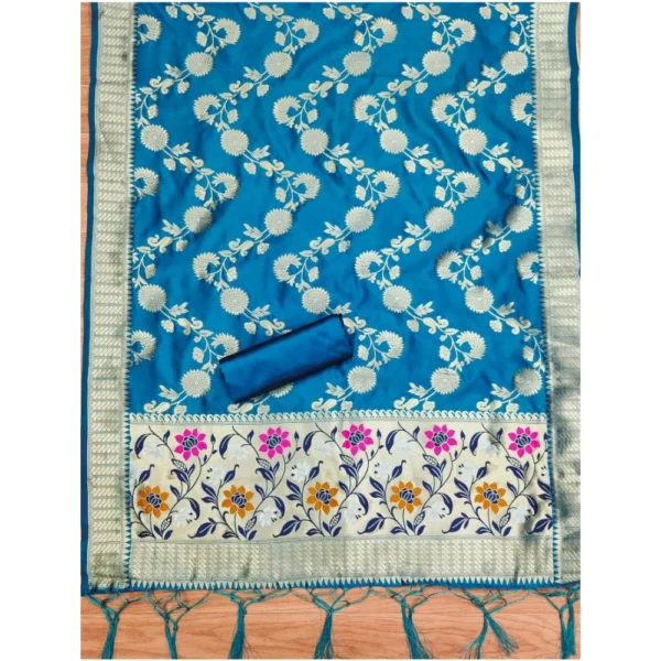 Women's Banarasi Silk Printed Unstitched Salwar Suit Material With Dupatta (Blue, 3Mtrs) - Image 2