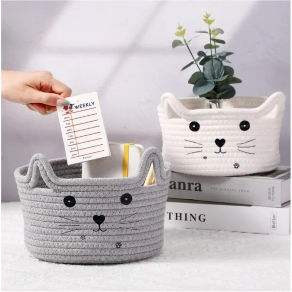 Cotton Small Cat With Face Basket Pack of 1 (Grey) - Image 2