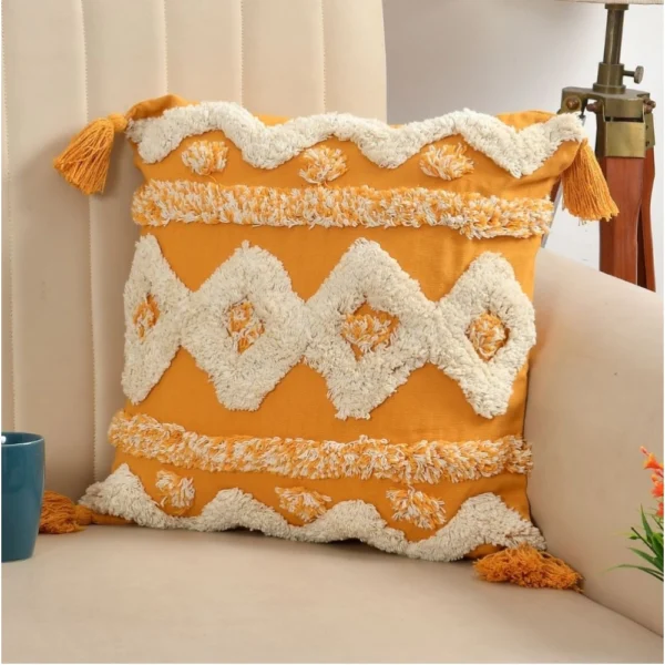 Cotton Tufted Cushion Pillow Cover 16x16 Inch Pack of 2 (Yellow White) - Image 2