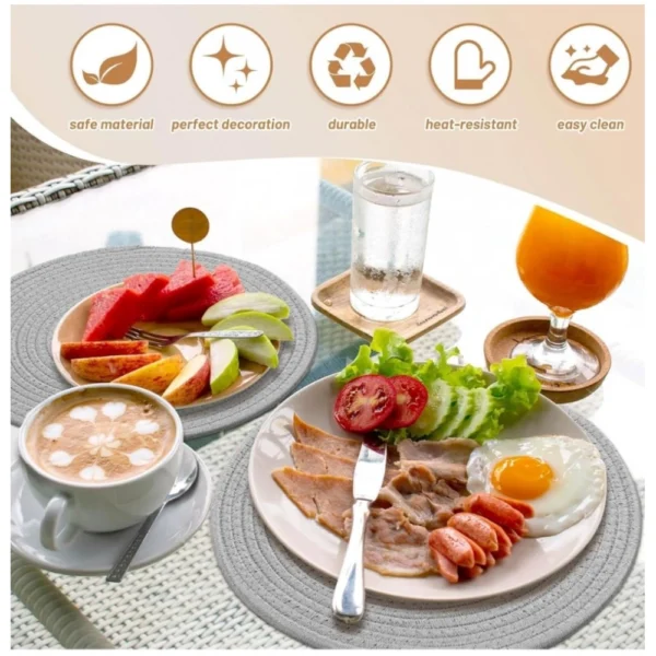 Cotton Dining Table Round Placemat Mats Set of 4 (Grey) - Image 2