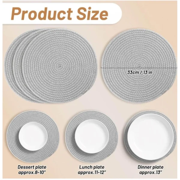 Cotton Dining Table Round Placemat Mats Set of 4 (Grey) - Image 3