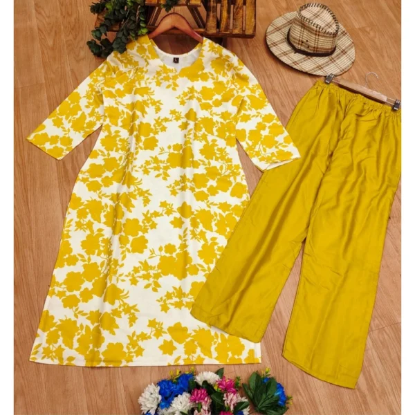 Women's Rayon Printed Round Neck 3-4th Sleeve Kurti With Pant Set (Yellow) - Image 3