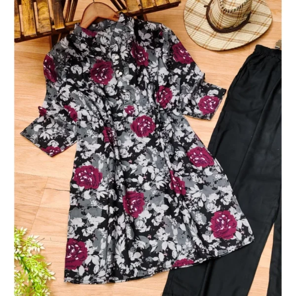 Women's Muslin Printed Mandarin Collar 3-4th Sleeve Kurti With Pant Set (Grey) - Image 3