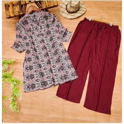 Women's Muslin Printed Mandarin Collar 3-4th Sleeve Kurti With Pant Set (Red Grey)
