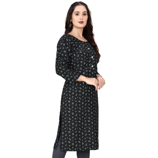 Women's Rayon Printed Round Neck 3-4 th Sleeve Kurti (Black) - Image 4