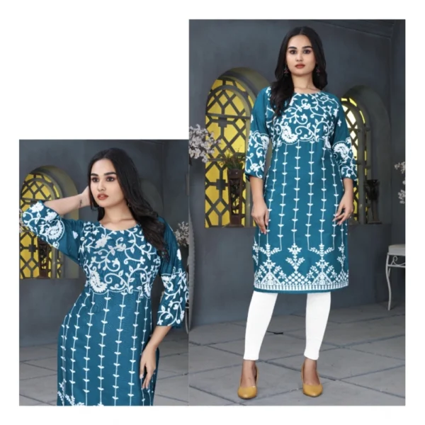Women's Rayon Printed Round Neck 3-4th Sleeve Kurti (Rama) - Image 3