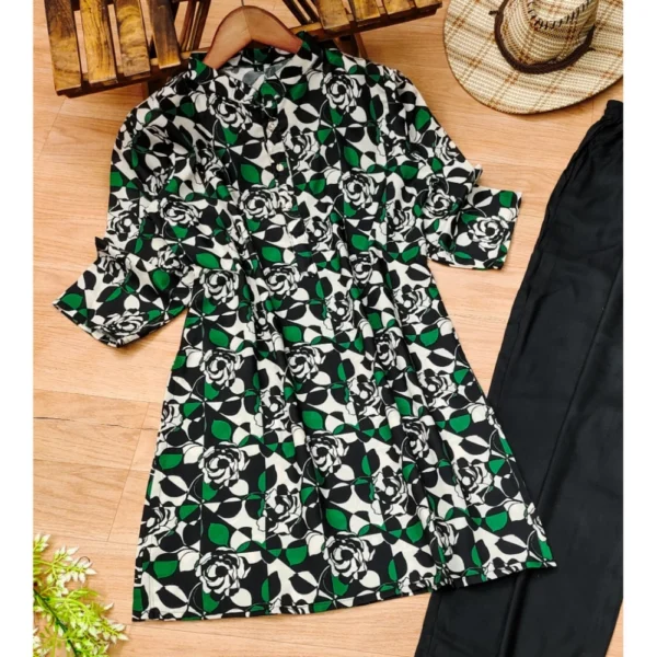 Women's Muslin Printed Mandarin Collar 3-4th Sleeve Kurti With Pant Set (Green) - Image 4