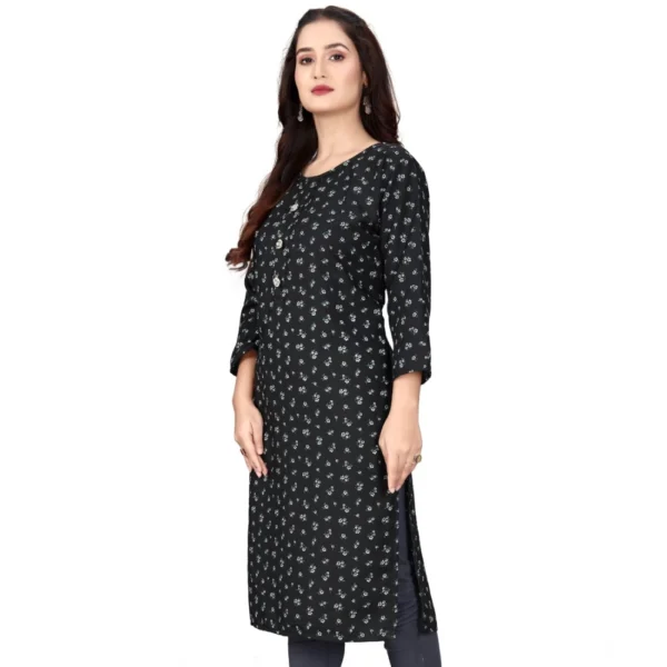 Women's Rayon Printed Round Neck 3-4 th Sleeve Kurti (Black) - Image 3