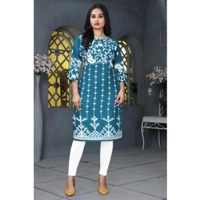 Women's Rayon Printed Round Neck 3-4th Sleeve Kurti (Rama)