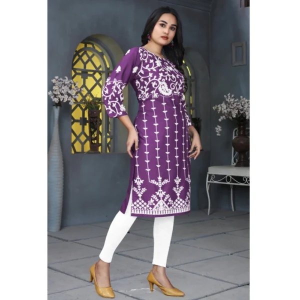 Women's Rayon Printed Round Neck 3-4th Sleeve Kurti (Purple) - Image 3