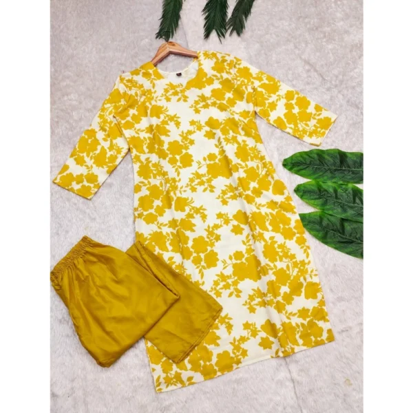 Women's Rayon Printed Round Neck 3-4th Sleeve Kurti With Pant Set (Yellow) - Image 4