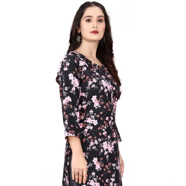 Women's Rayon Printed Round Neck 3-4 th Sleeve Kurti (Black) - Image 3