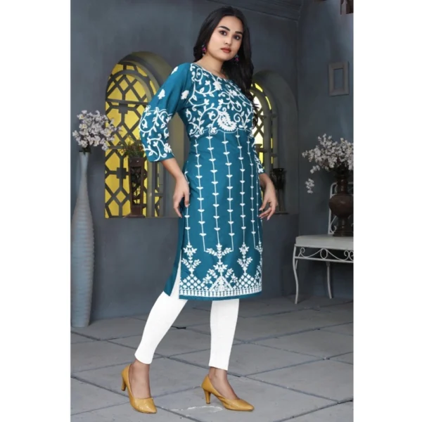 Women's Rayon Printed Round Neck 3-4th Sleeve Kurti (Rama) - Image 4