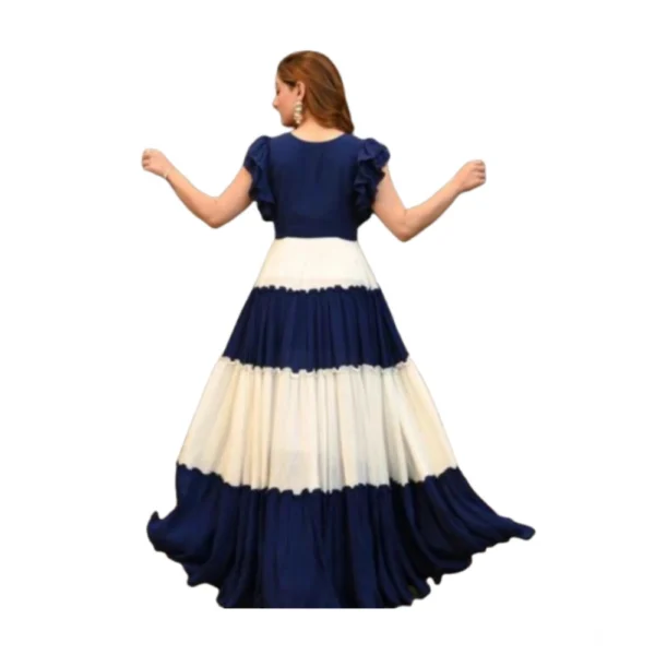 Women's Georgette Solid Half Sleeve Gown (Blue-White) - Image 4