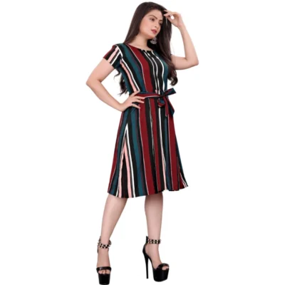 Women's Crep Striped Short Sleeve Dress (Red-Blue )
